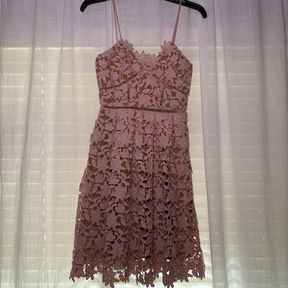 Roselani Lace Dress Womens Small Pink Floral Guipure Midi Spaghetti Strap